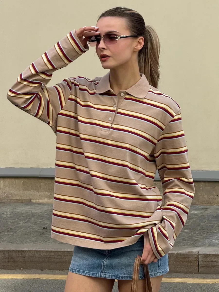 Blubelle Spring Summer Womens Retro Striped Polo Collar Oversized Long Sleeve T Shirt Trendy Casual Loose Basic Top 250905