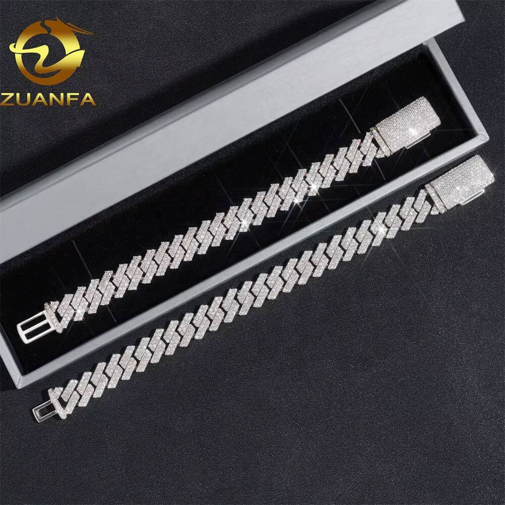 Zuanfa Fine Jewelry Hip Hop Iced Out Cuban Link Necklace 13mm 2 Rows Thick Solid 925 Silver VVS Moissanite Cuban Chain