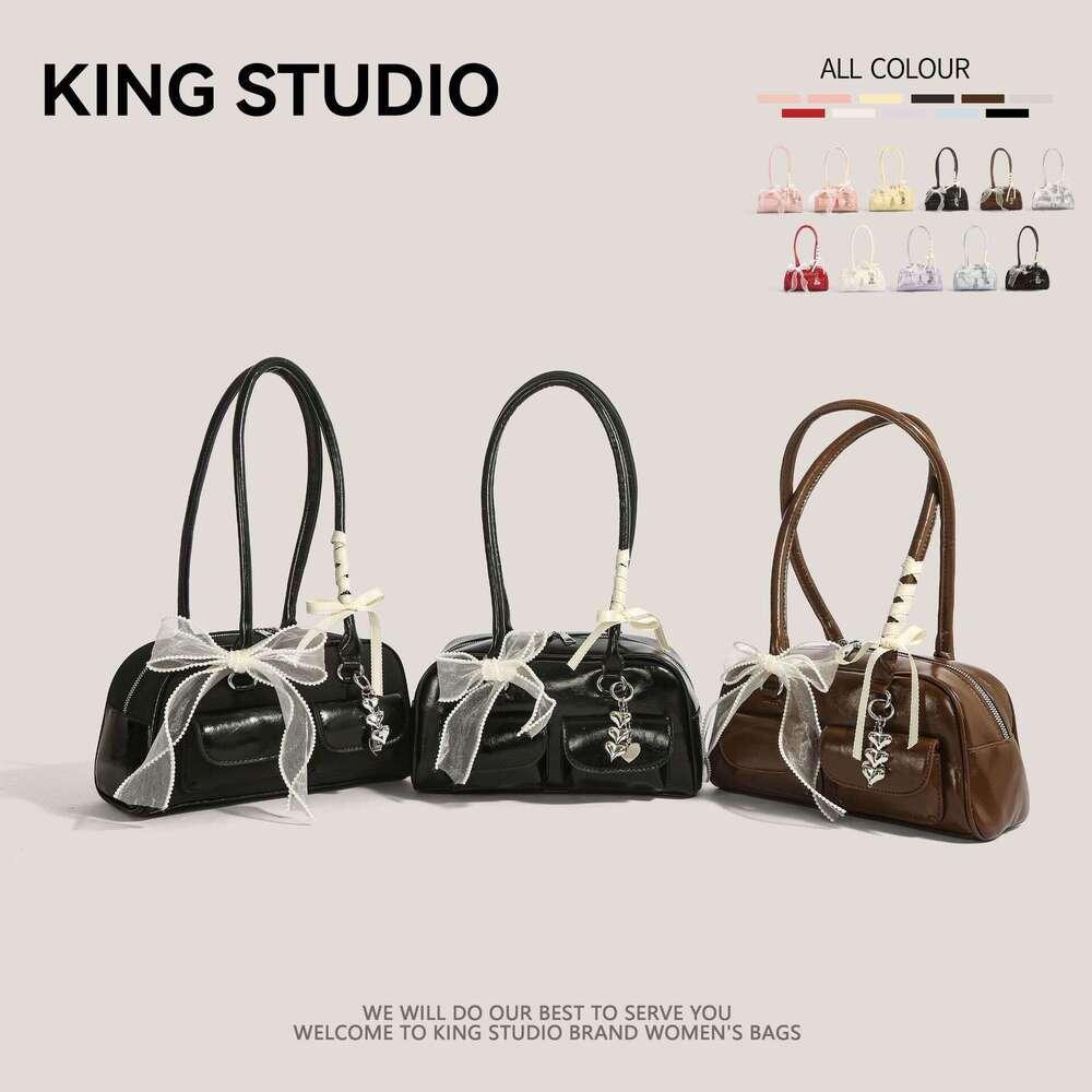 DHEssentials 2025 Korean Influencer Bowling Bag - Large Capacity Underarm Crossbody Boston Bag with Scarf Charm