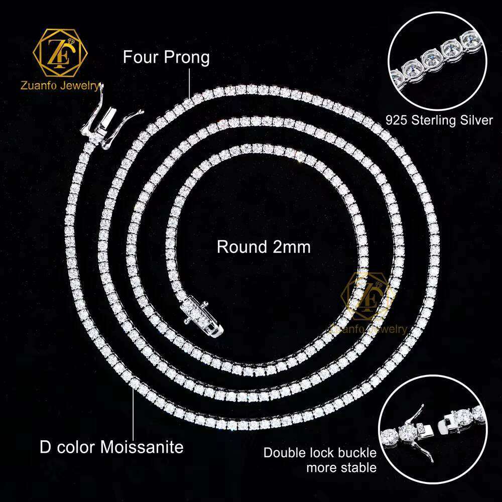 Best Wholesale Price Sier White Gold Plated Tennis Chain VVS Dia Iced Moissanite Necklace 2mm 3mm 4mm Hip Hop