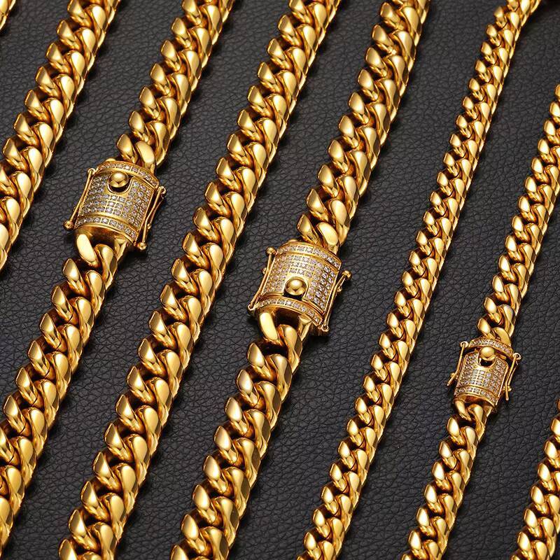 Wholesale High Quality 6mm 12mm Men Real 18k Gold Plated Stainless Steel Miami Cuban Link Chain Necklace