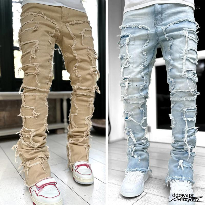Men's Jeans Autumn Solid Fashion Mid Waist Patchwork Long ddmyday Pants Male Streetwise Stretch Patch For Men Bottom Baggy Clothing