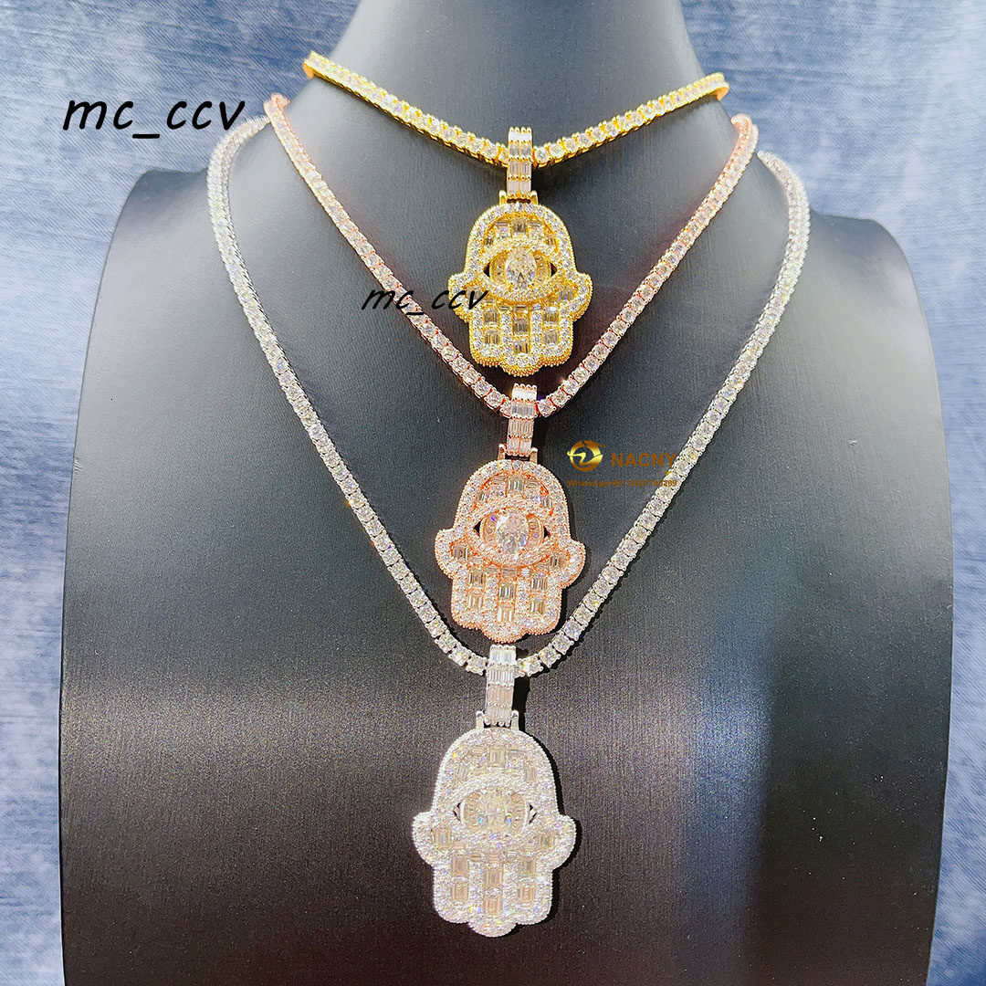 Fine Jewelry 925 Sterling Silver Iced Out Vvs Moissanite Diamond Egyptian Eye Hamsa Hand Pendant Necklace for Women