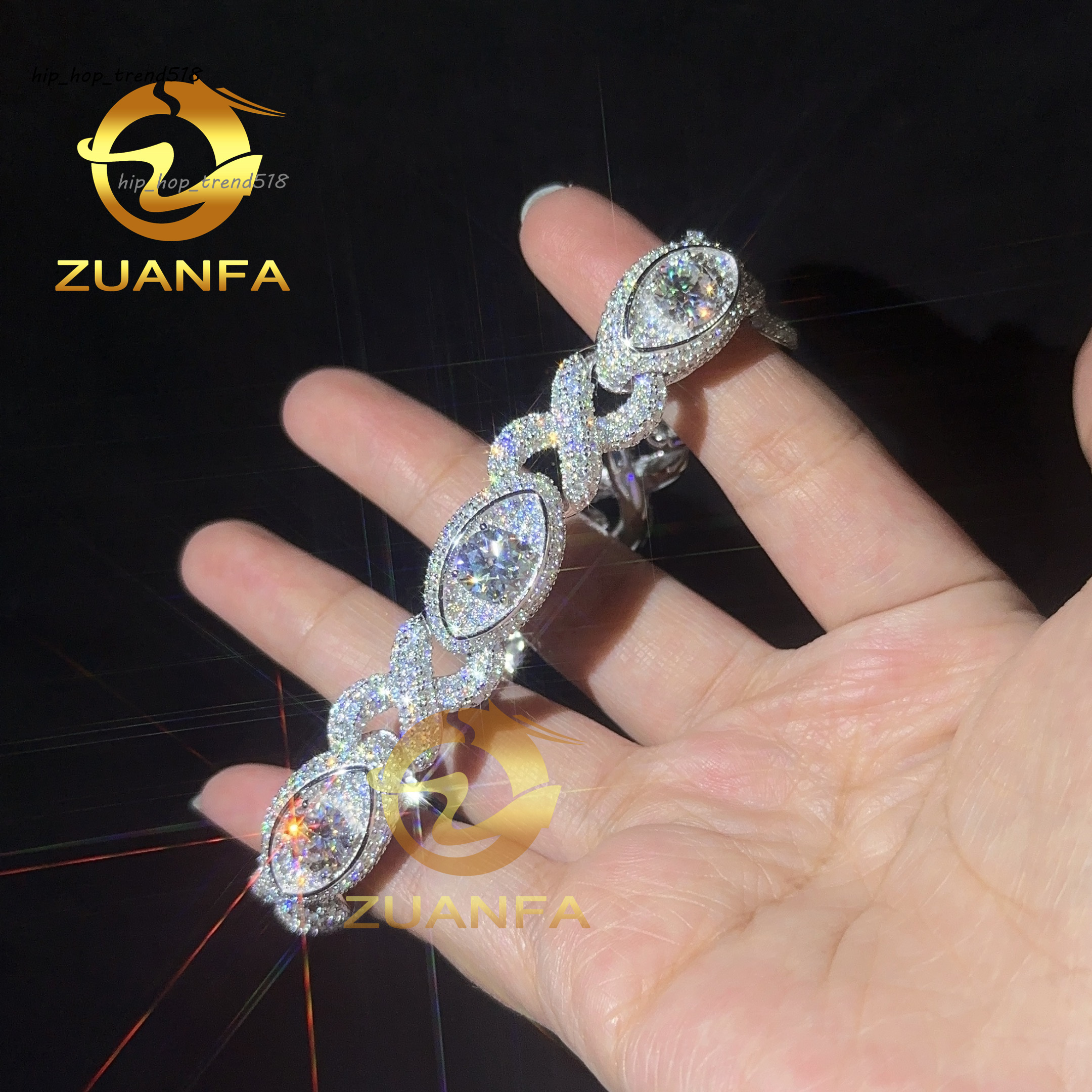 New Design 925 Sterling Silver 13mm Buss Down Evil Eyes VVS Moissanite Bracelet Men High Quality Hip Hop Cuban Bracelet