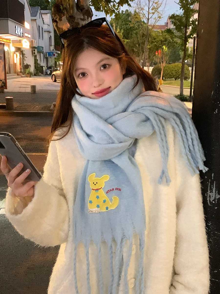Janese Style Scarf Vintage Cartoon Cute Puppy Knitted Autumn And Winter Womens Warm Scarf Cold Protection Student Shl ScarfXJ250905