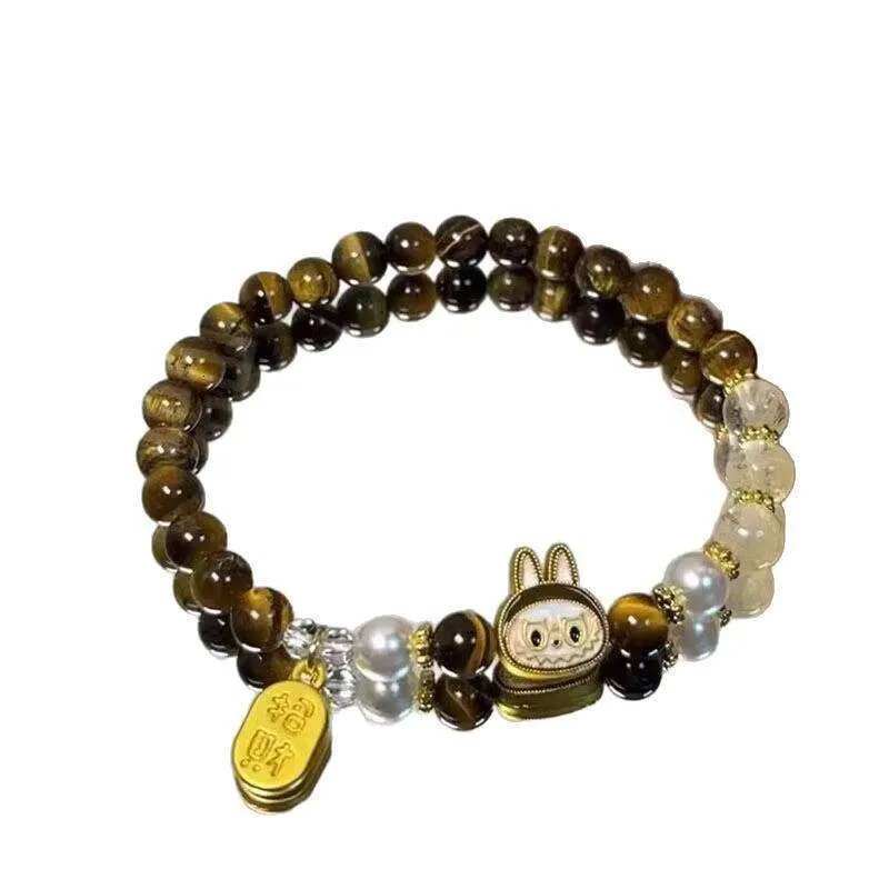 Labubu Fashion Women's Double Circle Tiger Eye Metal Bracelet with Lightweight Luxurious Elastic Cord Multi-Functional Simple Niche