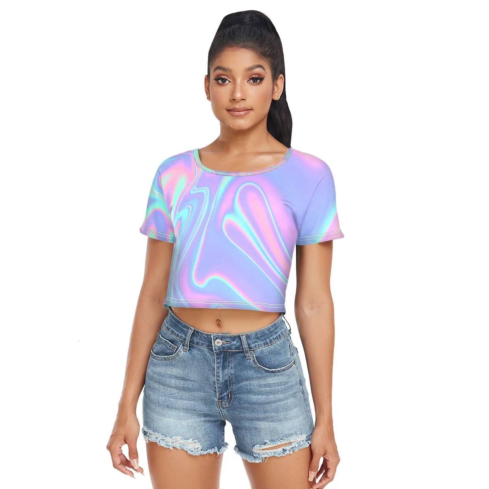 Open Navel High Waist Short Sleeve T-shirt Rainbow Holographic Swirl Tie Dye Round Neck Pullover Summer For sexy women