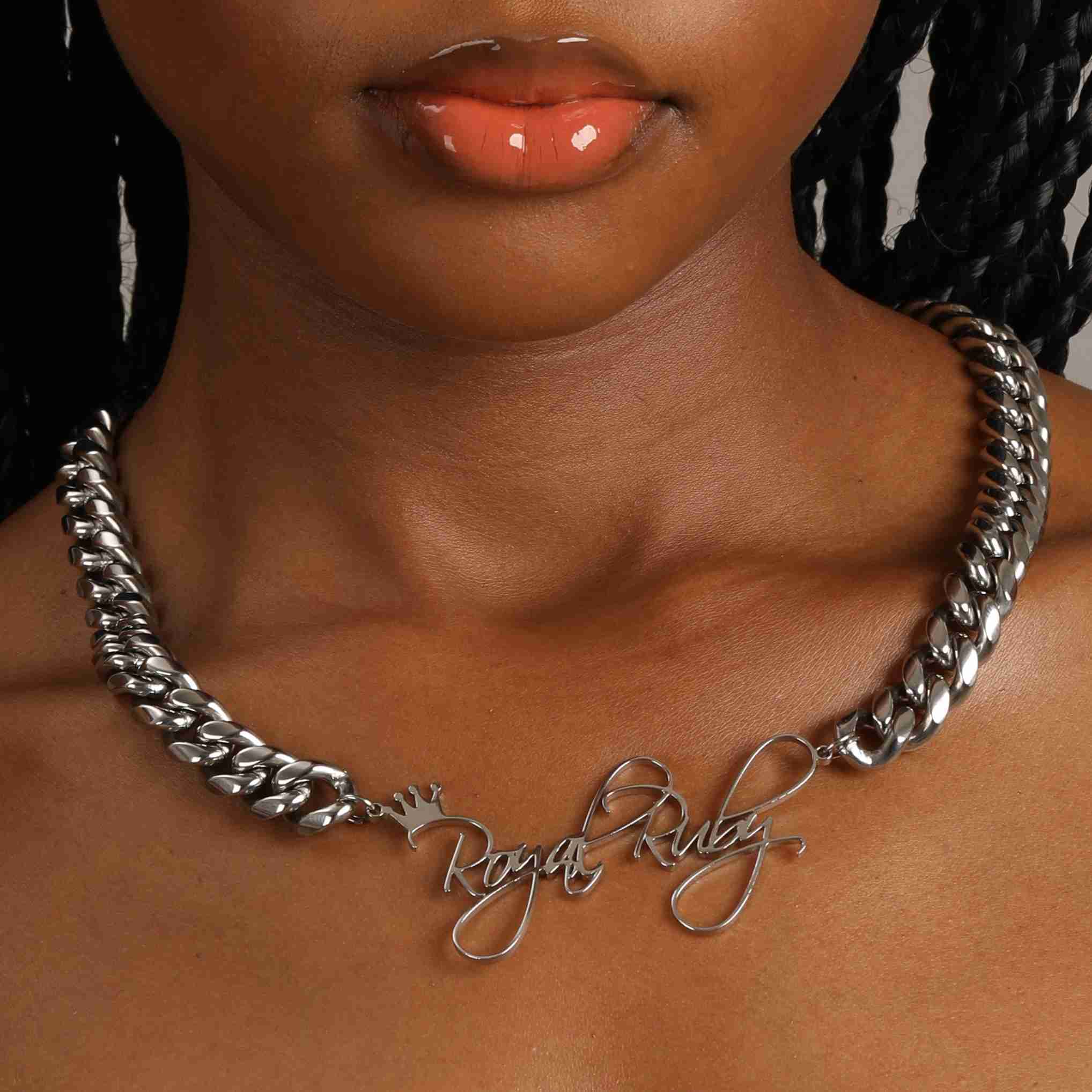 Unisex 18K Gold Plated Stainless Steel Cuban Link Chain Personalized Name Plate Necklace 14mm Trendy Style Simple Design