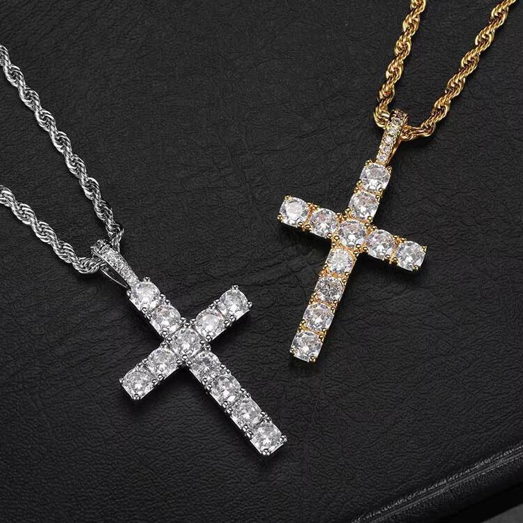 GZYS JEWELRY Wholesale High Quality Rap Men Gold Cross Necklace Jewelry Diamond Charm Pendant with Ice Tennis Chain
