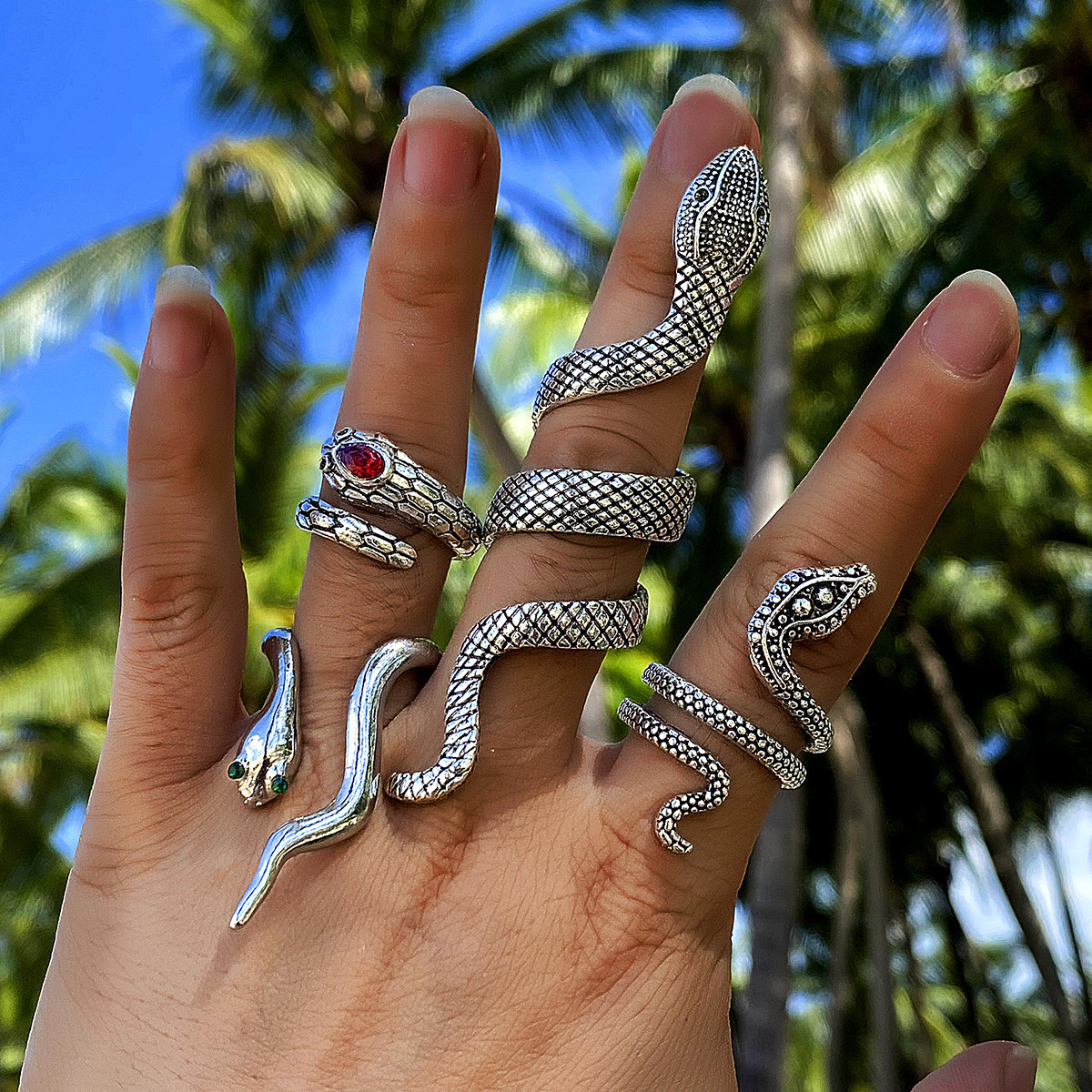 Cool and Stylish Men's Snake Pattern Punk Style Exaggerated Animal Four-Piece Ring Set