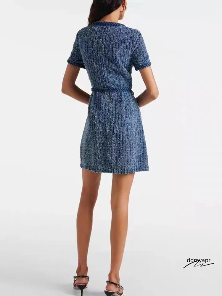 Autumn Twisted Knitted Coarse ddmydec Felt Mini Dress For Women Elegant Square Collar Single Chest Short Sleeve With Belt Long Robe 241010