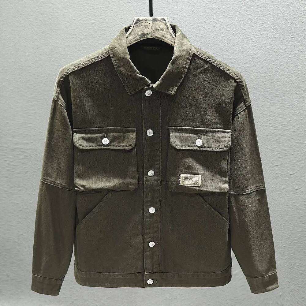 Men's Denim Jacket Brown Plus Size Cargo Male Jean Coats Camouflage Fast Deery of Fabric Korean Popular Clothes Vintage Elatic