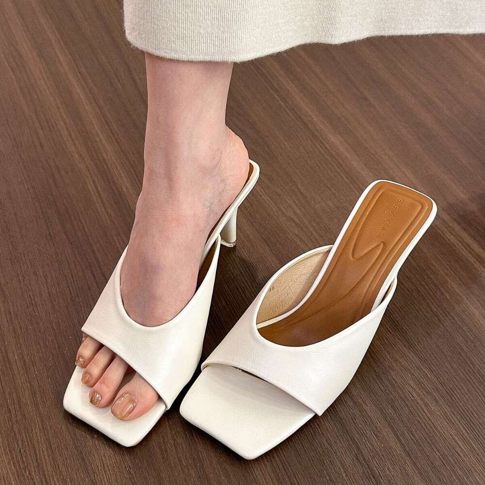 French Style Off-White Squ Toe High for Women Summer New Thin Heel Sandals