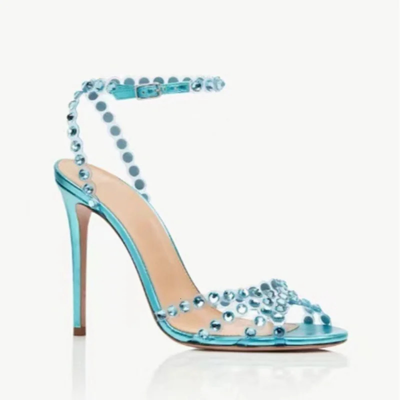 Full Colorful Rhinestones PVC Strap Women Sandals Peep Toe Buckle Belt Sandales Talons Stiletto High Heel Banquet Pumps Female 250905