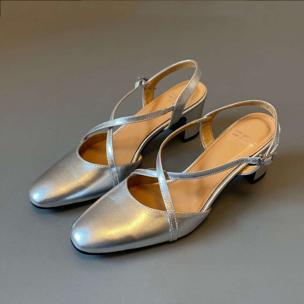 Off-White Cross Strap Backless Sandals for Women Summer Chunky Heel Closed-Toe Mid-Heel Commuter Roman Shoes