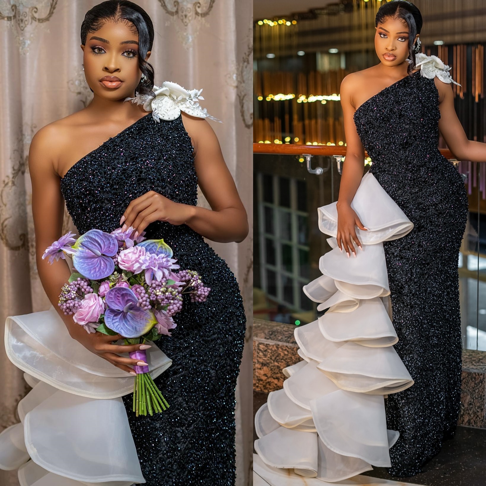 Aso Ebi Black Sheath Prom Dresses 2025 One Shoulder Flower Lace Evening Formal Party Second Birthday Engagement Gowns Plus Size Dress For Special Occa
