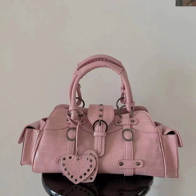 JIAERDI Vintage Pink Messenger Women Y2k Grunge Rivet Handle Crocodile Designer Female Fairycore Aesthetic Bag