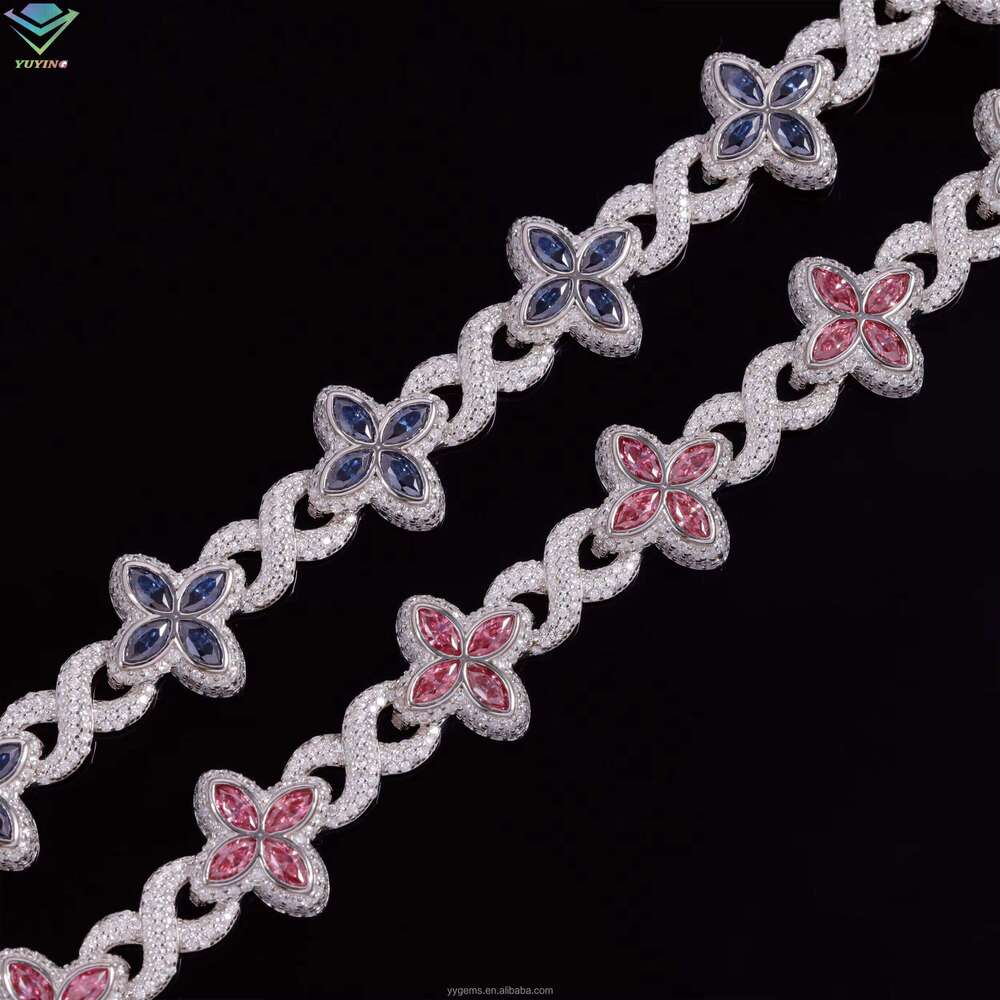 Jewelry S Sterling Sier Gold Clover Pink Green Blue Dia Cuban Hip Hop Moissanite Bracelet with GRA Certificate