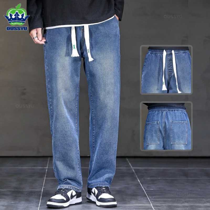2025 New Autumn Winter Jeans Men Loose Straight Drawstring Elastic Waist Casual Denim Trousers Male Thick Pants Large Size M5XL W250905