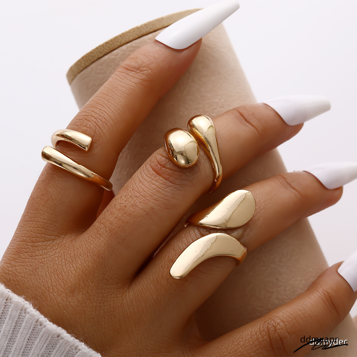 Explosive Irregular Droplet Niche Metal Texture Smooth Exaggerated Geometric Opening Ring, 6-Piece ddmydec Set ddmydec