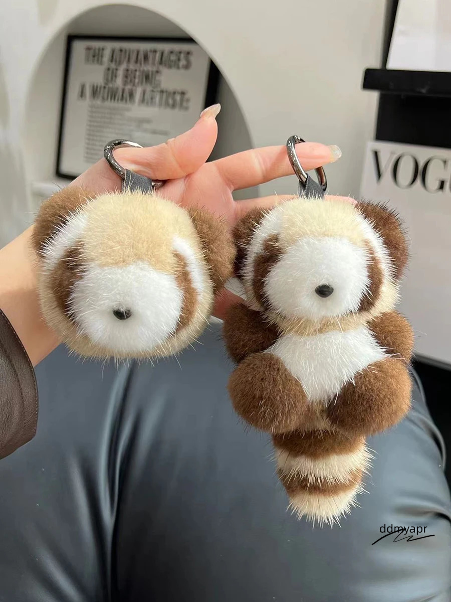 Cute Raccoon Real ddmyday Mink Fur Keychain Plush Toy Trinkets Women Bag Hanging Ornaments Car Key Metal Ring Pendant Kids Classic Gift 250110