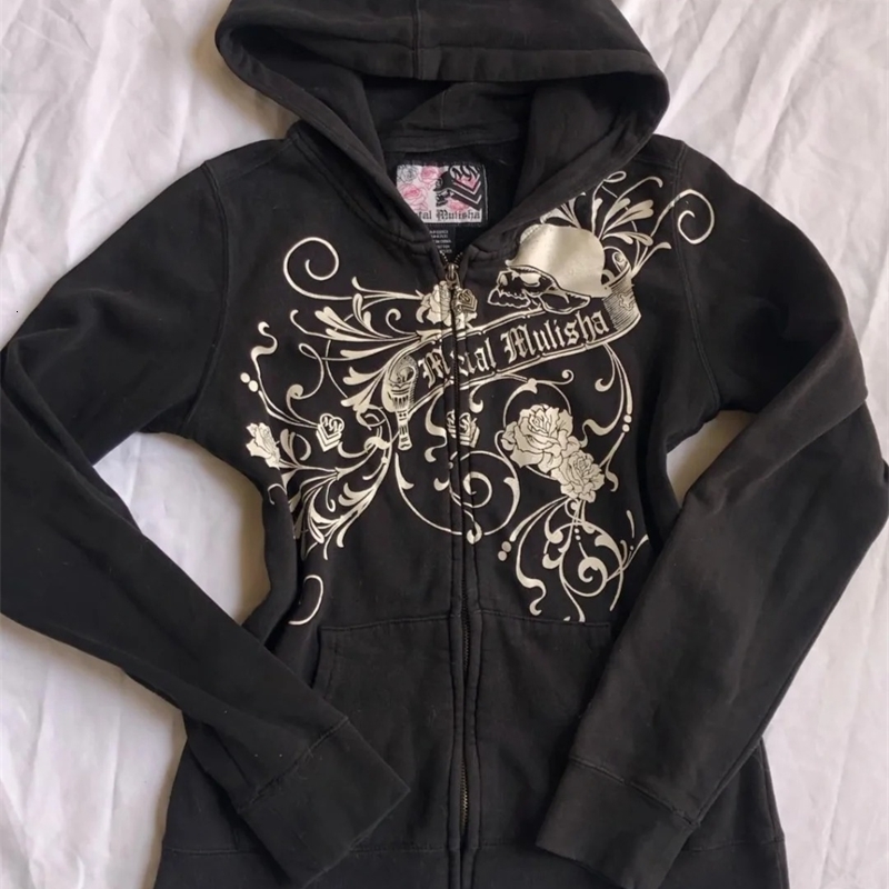 Hoodies Women 2000s Clothes Y2k Vintage Harajuku Flower Graphic Zipup Hooded Punk Girl High Street Hoodie Casual Sweatshirt 250904