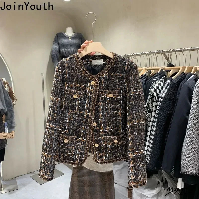 Tweed Women - Vintage Style Cropped Ladies Jacket Korean ddmyday Fashion O-Neck Long Sleeve Y2k Tops ddmyday ddmyday ddmyday