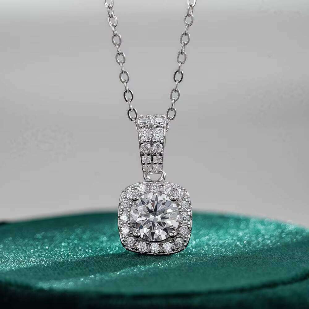 S Sterling Sier Moissanite Necklace with Full Dia Square Bag Classic Gold Plated Chain for Engagement or Anniversary