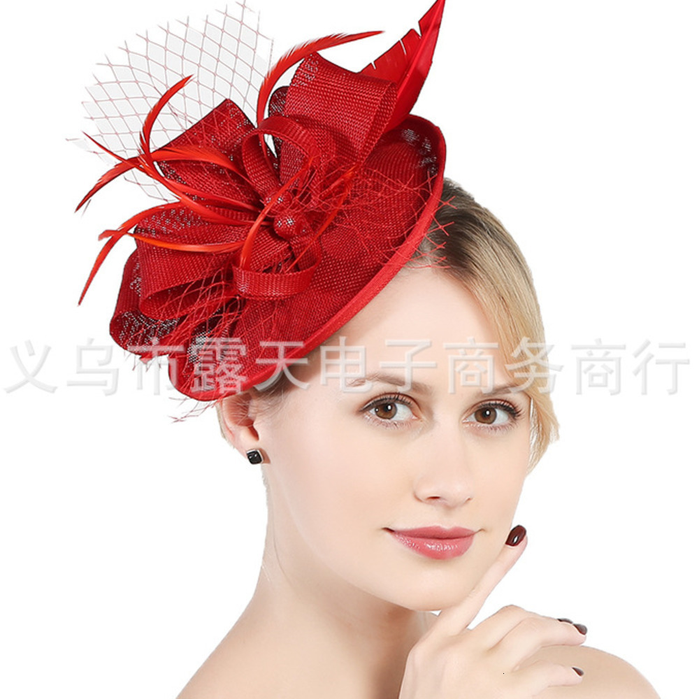 FS Wedding Church Red Hats Fascinators For Woman With Feather Veil Cocktail Party Headdress Lady Elegant Cap 240808CJ
