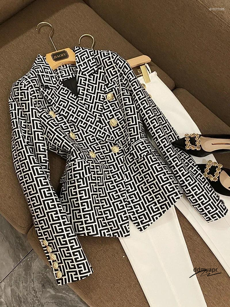 Women's Blouses France Fashion Double Breasted Pink Geometric Jacquard Slim Suit Jacket Vintage Aesthetic ddmyday Office Lady Formal Coats ddmyda