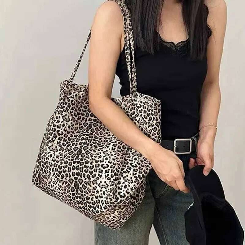 Fi Wens Leopard Pattern Crossbody Handbag Large Capacity Shopping Simple Canvas Fem Bag Y241109