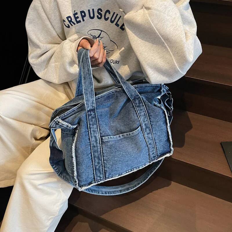 Rivet Decor Design Vintage Denim Women s Handbag Fashion High End Lace up Punk Motorcycle Bag Ladies Large Capacity Travel Bag