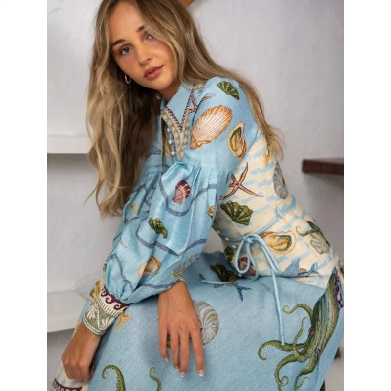 Women Vintage Floral Printed Shirt Collar Dresses Puff Sleeve Single Breasted Spring Summer Long A Line Female Elegant Vestidos 250904