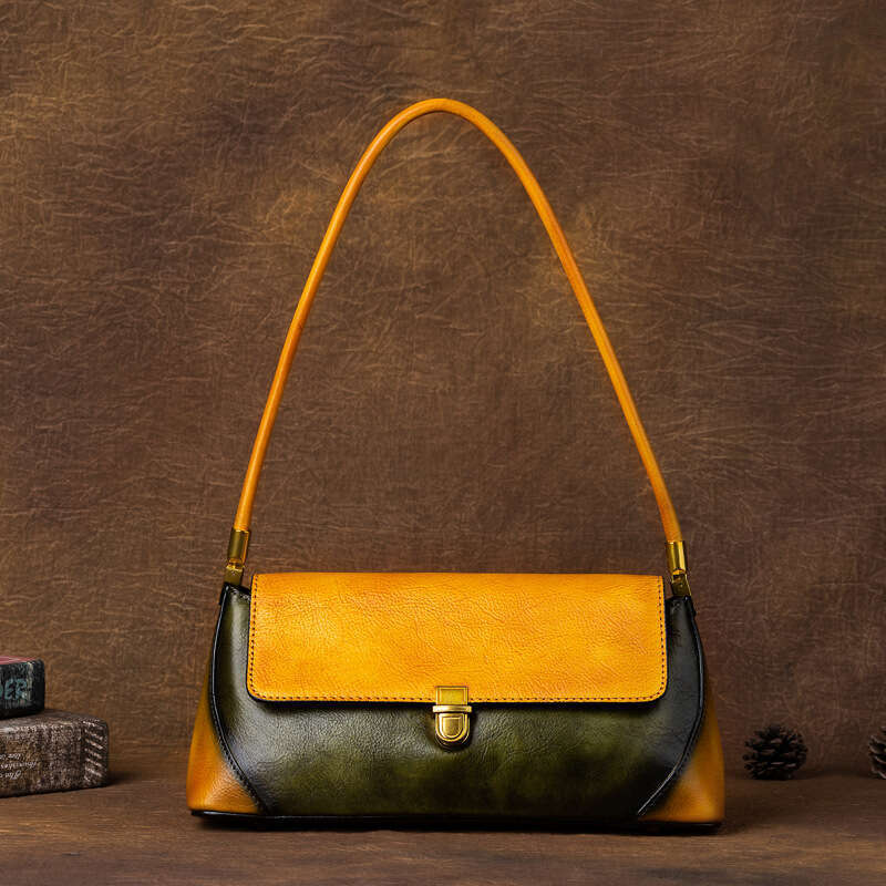 Cowhide Underarm Top Layer Leather Color-Block Handbag Simple Baguette Women's Bag