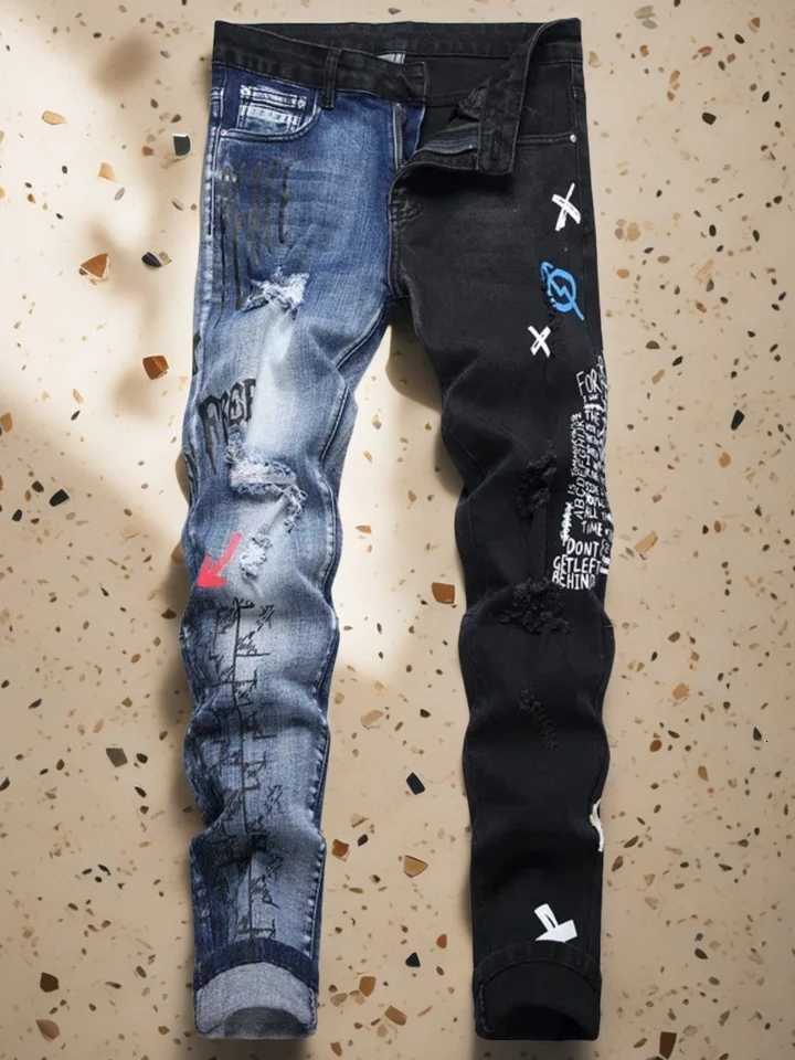 Mens Ripped Letter Print Stretch Small Feet Straight Slim Patchwork Jeans Comfortable Skinny Bike Jeans W250905