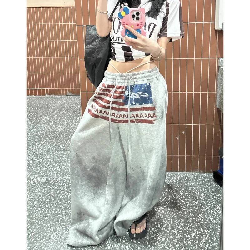 European and American autumn and winter college style casual sports pants lazy and loose slimming and wide leg pants 250905