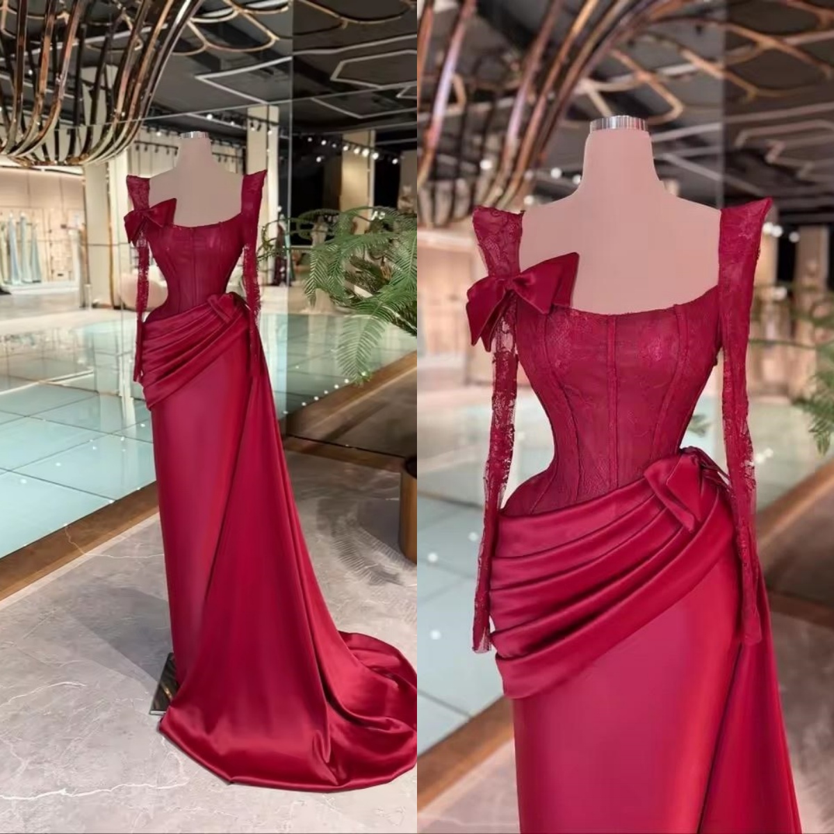 Simple Evening Dresses Lace Long Sleeves Prom Dress Detachable Train Mermaid Slim Bow Princess Party Gowns Vestidos De Noche Plus Size