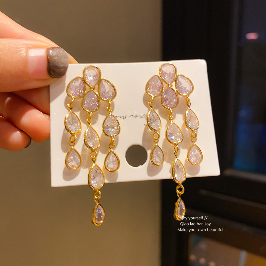 Gold Tone Teardrop Crystal Tassel Earrings With Layered Dangle Design Glamorous Sparkling Style Party & Formal Occasion Wear Gift For Her Luxe Stateme