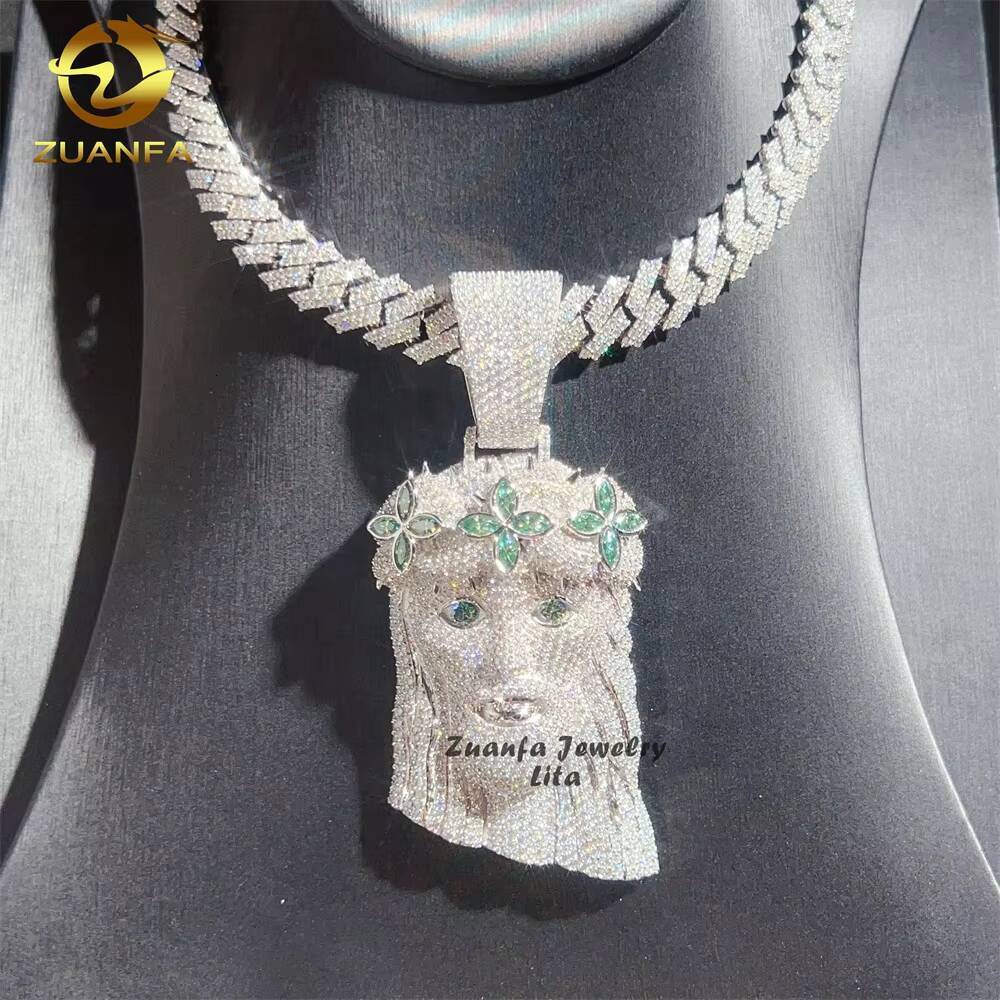 Hot Selling Hip Hop Blue Green Diamond 3D Custom 25 Tall Iced Out Silver Moissanite Jesus Pendant