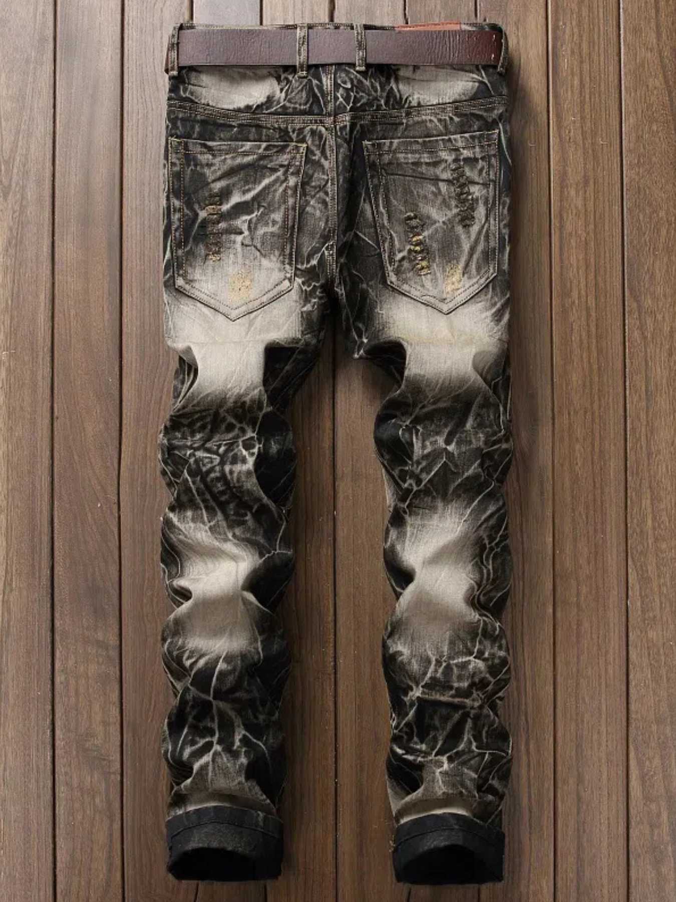 Jeans Men Street Personality Embroidered Wings Ripped Denim Pants Vintage Biker Pants W250905