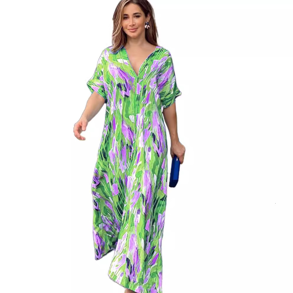 2023 Summer New HighWaisted Fashion Printed Commuter Elegant ShortSleeve Long Dress for Women