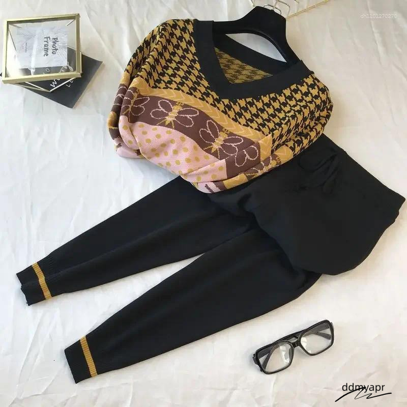 Women's Tracksuits Sweater Two Piece Sets Ankle-Length Pants Tracksuit Knit Outfits Women Vintage Print Long Sleeve ddmyday V-Neck Patchwork