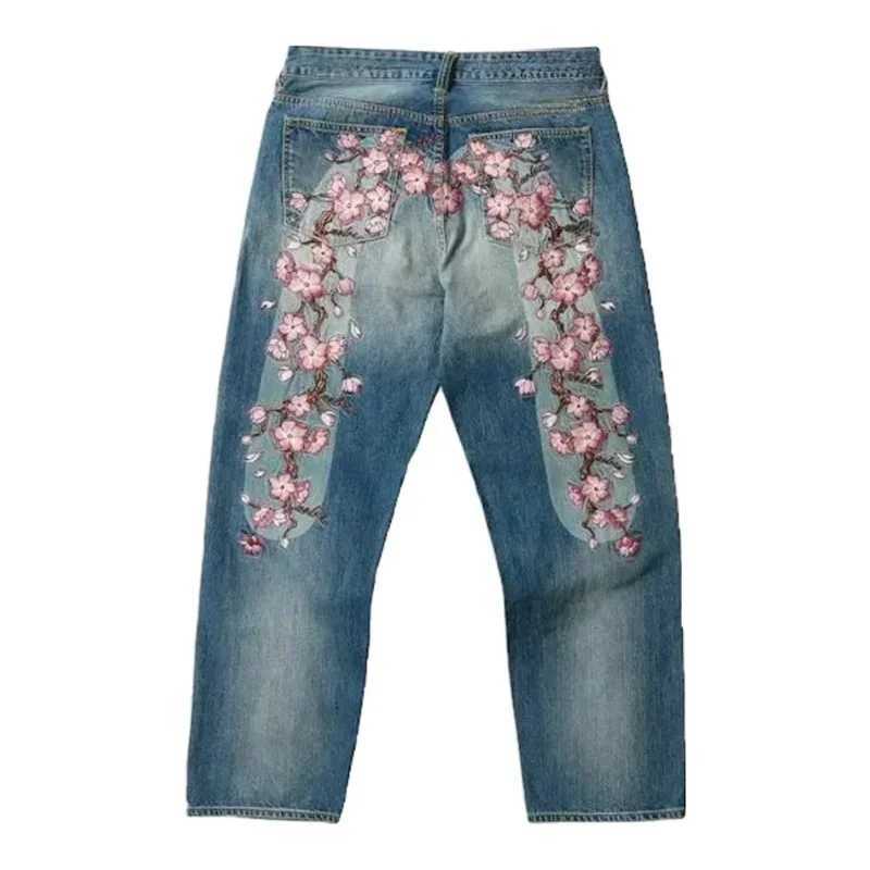 American Gothic Retro Cherry Blossom Print Loose Jeans Female Y2K Harajuku HipHop Casual Joker Wide Trousers For Street Wear W250905