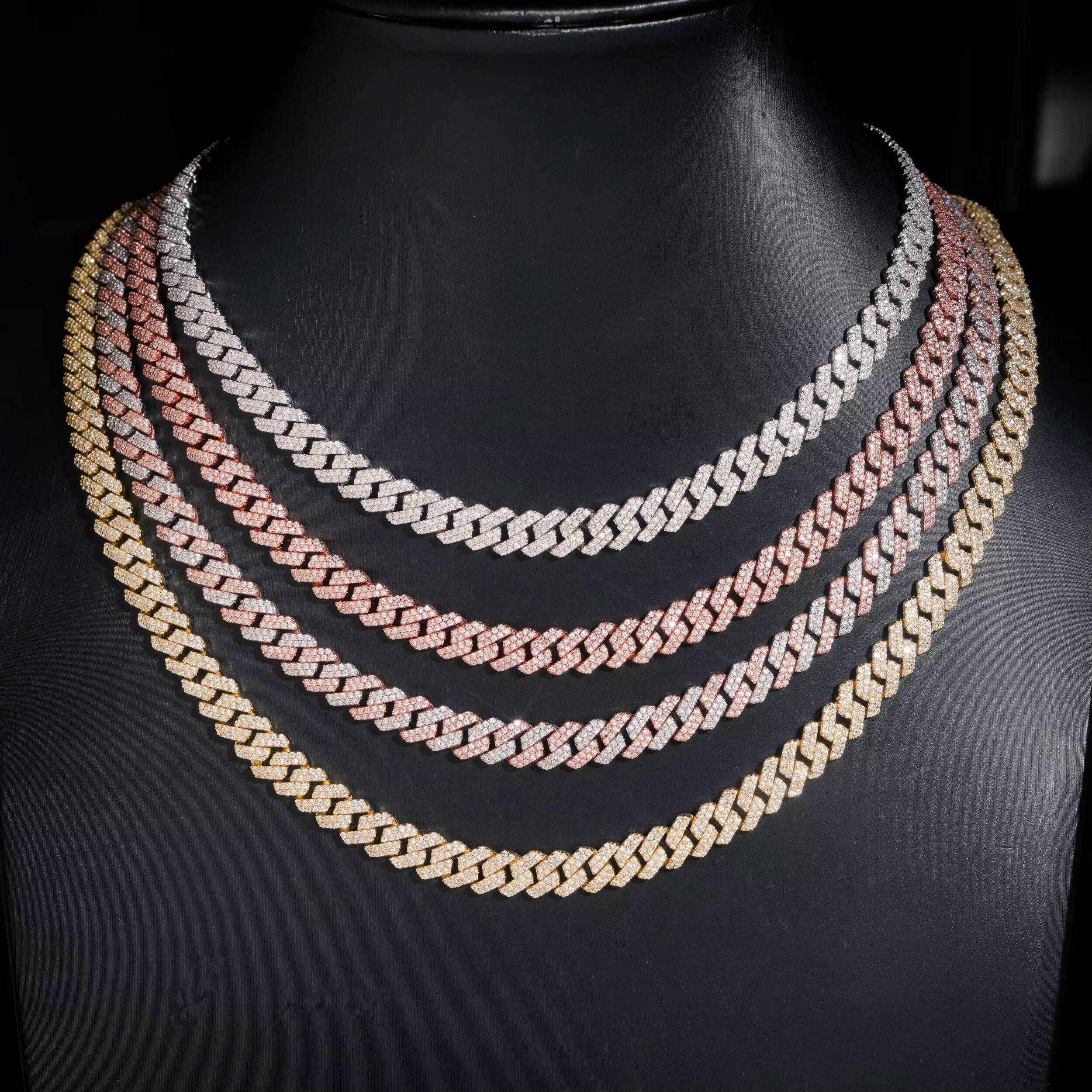 Hip Hop Men 8MM Prong Cuban Link Chain Necklace Bling Iced Out 2Row Moissanite S925 Silver Rhombus Cuban Necklace Jewelry