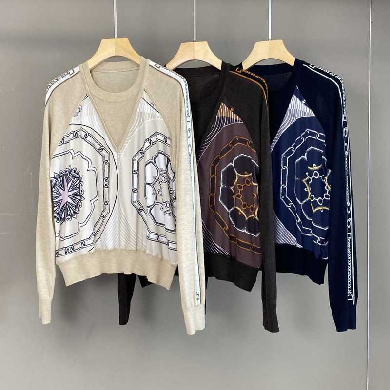 Women's Sweaters Designer 2025 Autumn New H Brand Silk Twill Printed Wool Knitted Long Sleeve Pullover Sweater for Women DH1H