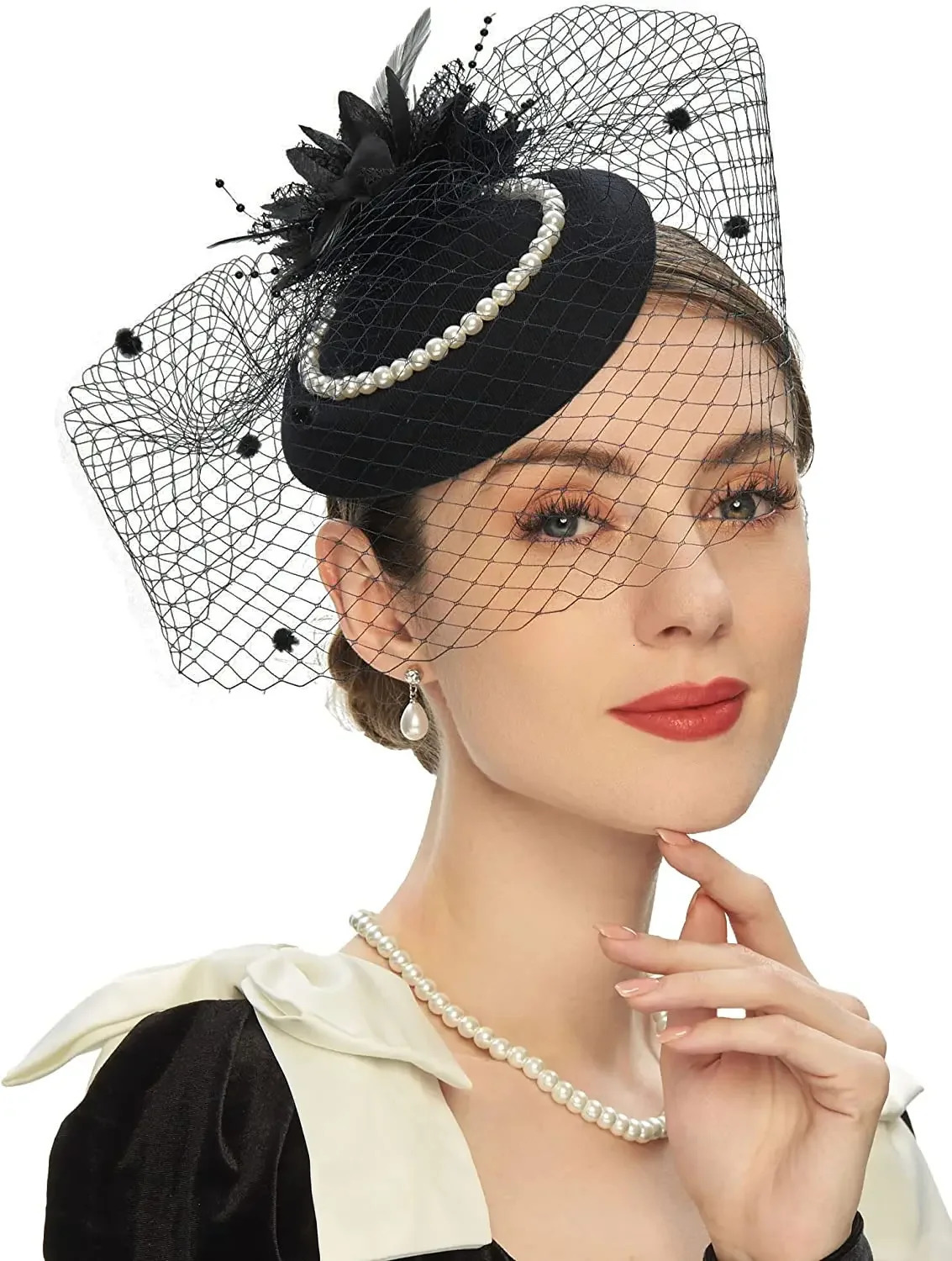 Elegant Pillbox Hats 20s 50s Vintage Pearl Fascinators Hat for Women with Feather Mesh Veil Clip Bridal Wedding Tea Party 250905