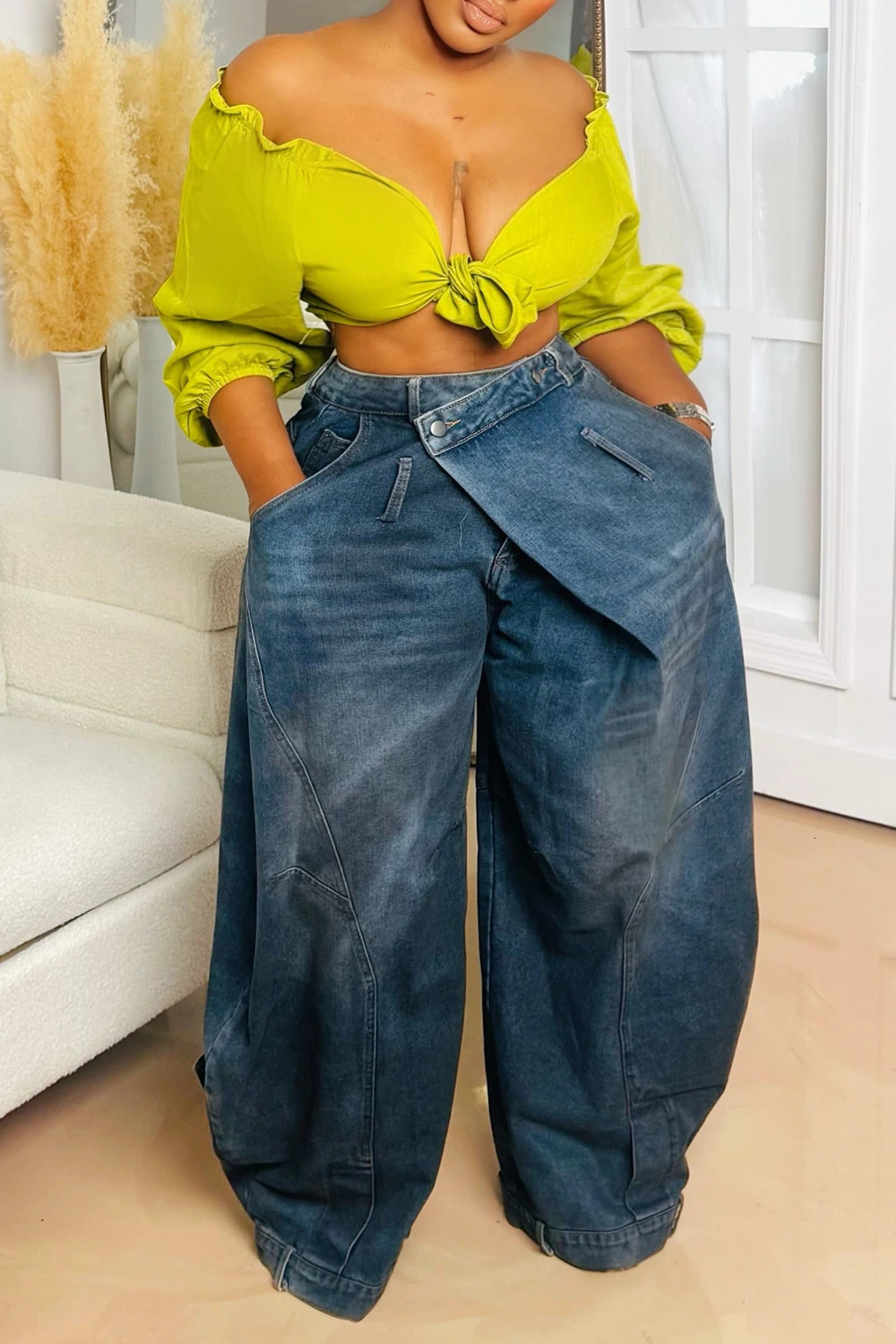 Plus Size Daily Blue Asymmetric Button Pocket Washed Denim Jeans Z260313