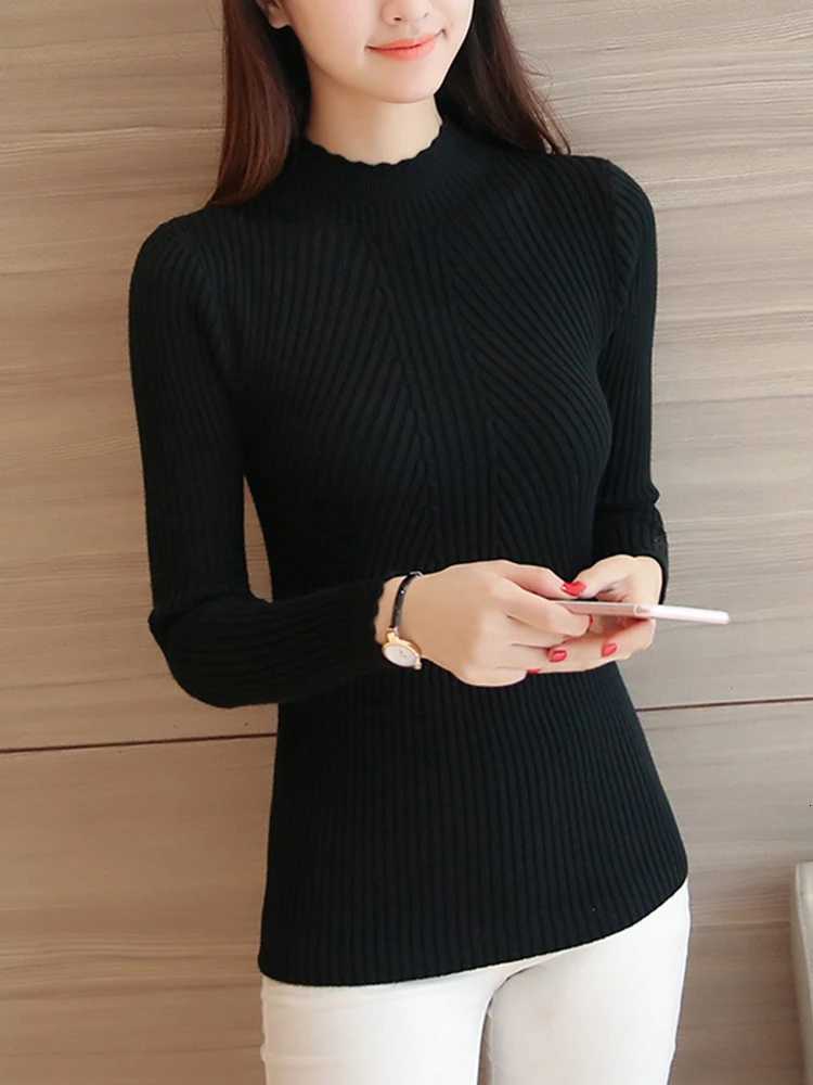 2025 Autumn Women Mock Neck Ruffles Sweater Long Sleeve Knitted Bottoming Solid Pullovers Stripe Women Casual Sweater Winter Z250905