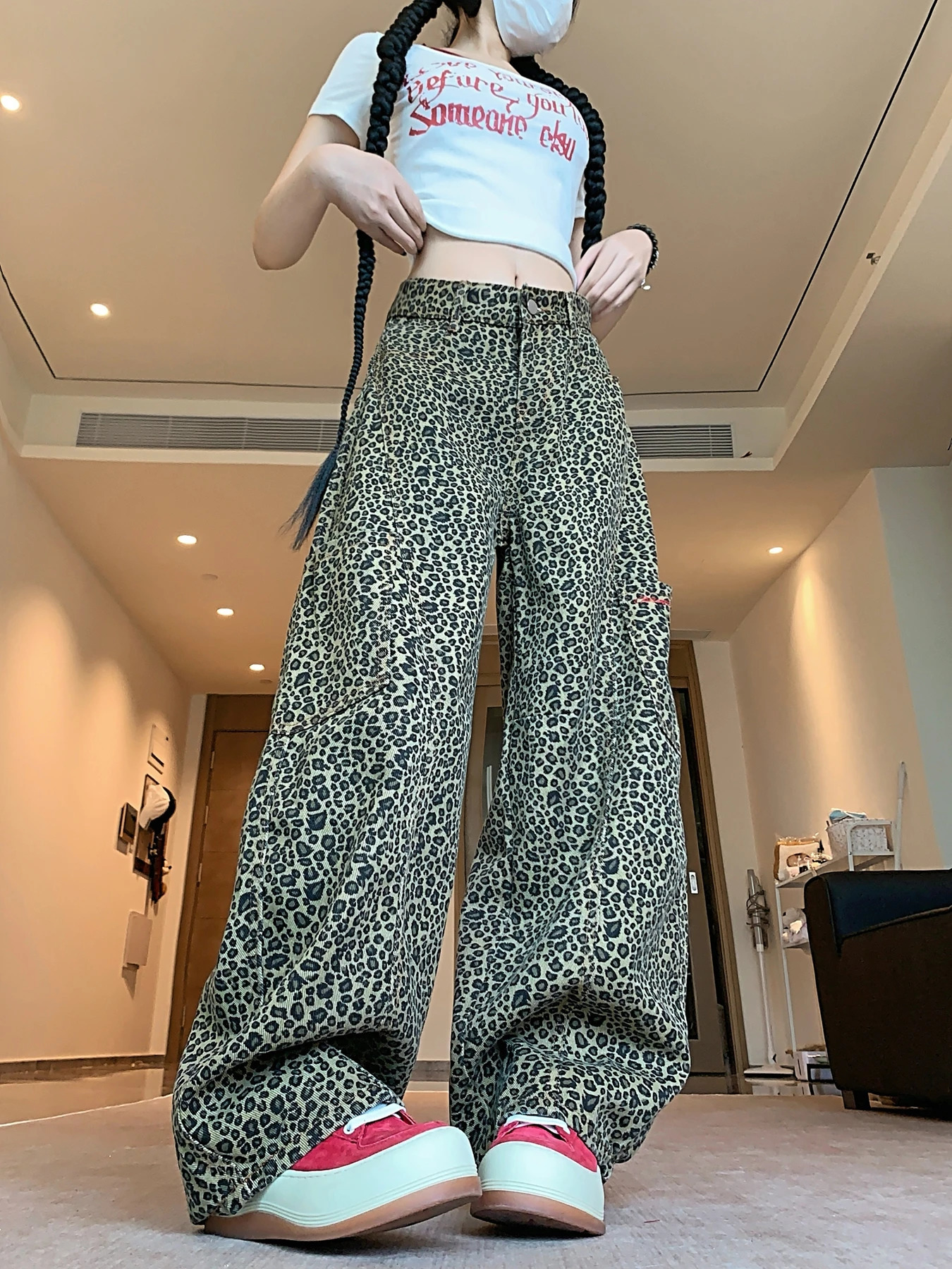 Botvot Baggy Leopard Print Jeans for Women Retro American High Waisted Y2k Denim Pants Hip Hop Straight Wide Leg Cargo Z260313