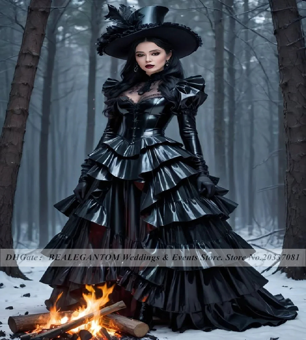 Gothic Faux Leather Prom Dresses Tiered Ruffle Long Sleeve Halloween Cosplay Sorceress Formal Occasion Evening Gown BQ11